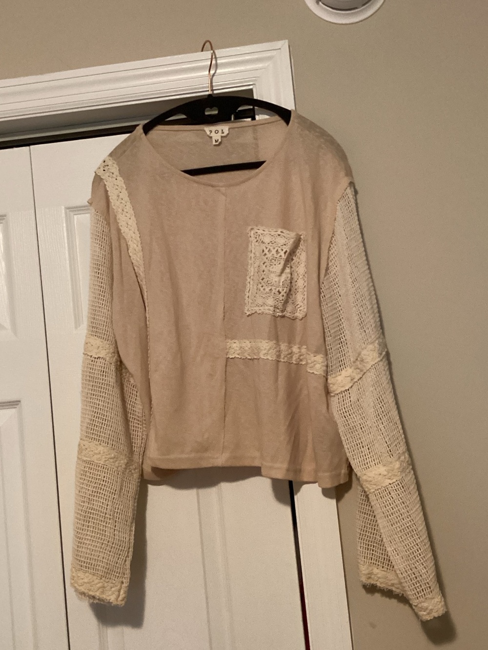 POL Beige Top with Cream Crochet Sleeves